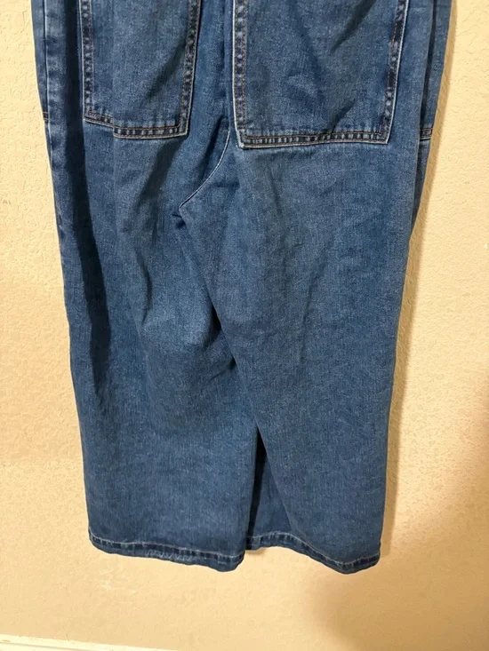 Lucy & Yak Ragan Blue Cotton Denim Short-Sleeve Wide-Leg Zip Up Jumpsuit Side 4 - Picture 11 of 16